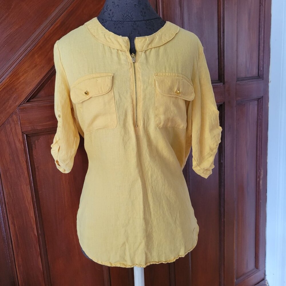 Ellen Tracy Yellow 3/4 Sleeve Linen-Cotton Blend Zip-Front Blouse Size XS
